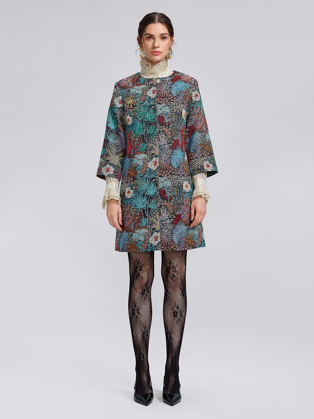 El Yapımı Çok Çiçekli Jakar Boncuklu Ceket