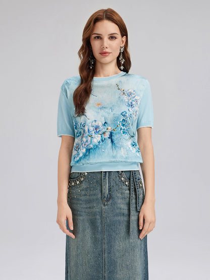 İpek Çiçekli Triko Bisiklet Yaka Tişört