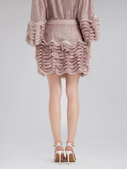 Lüks Fırfırlı Pullu Pileli Mini Etek