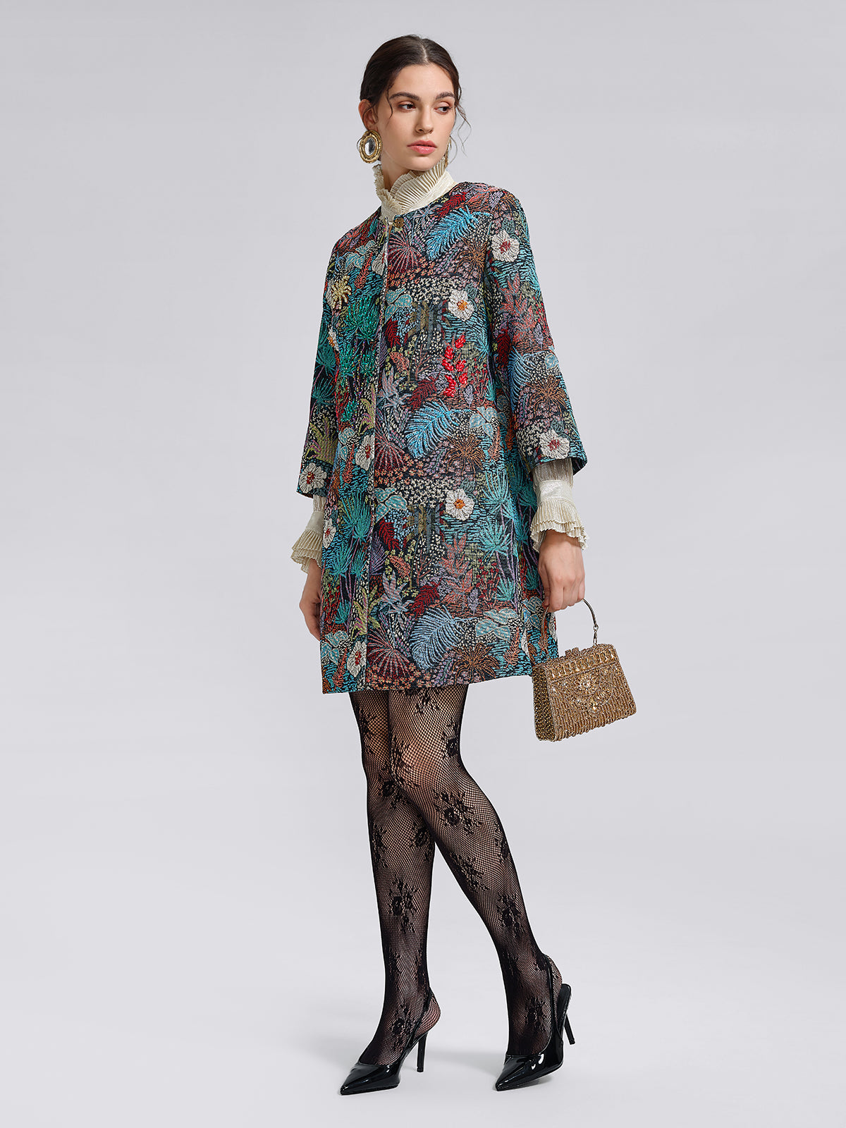 El Yapımı Çok Çiçekli Jakar Boncuklu Ceket