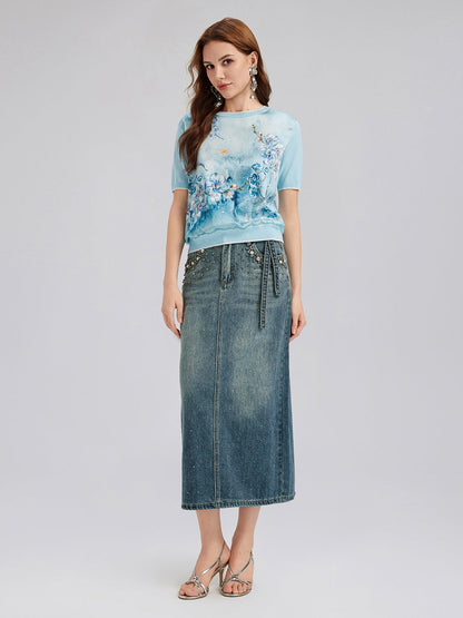 İpek Çiçekli Triko Bisiklet Yaka Tişört