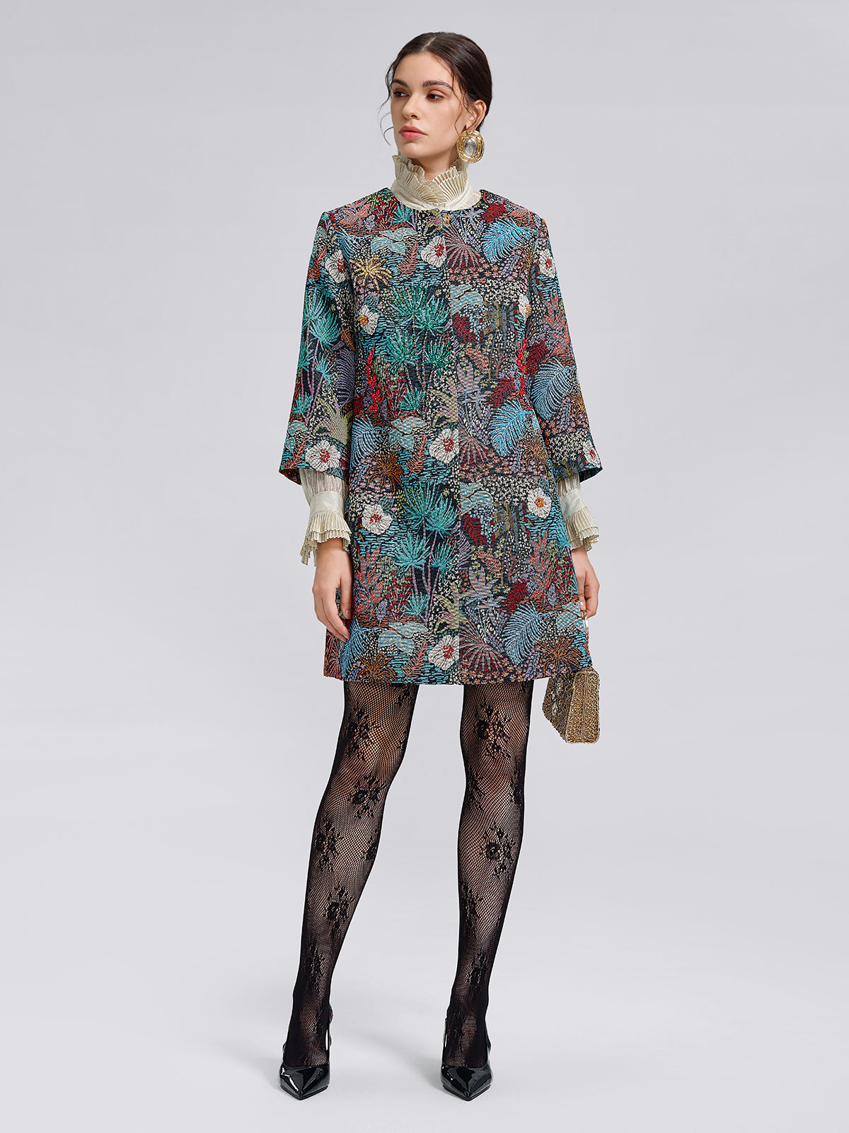 El Yapımı Çok Çiçekli Jakar Boncuklu Ceket