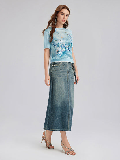 İpek Çiçekli Triko Bisiklet Yaka Tişört