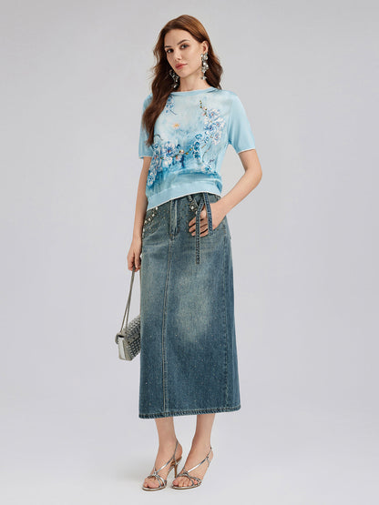 El İşlemeli Belden Taşlı Kot Etek