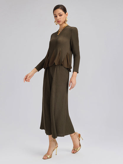 Pileli Dokulu Beli Lastikli Bol Pantolon