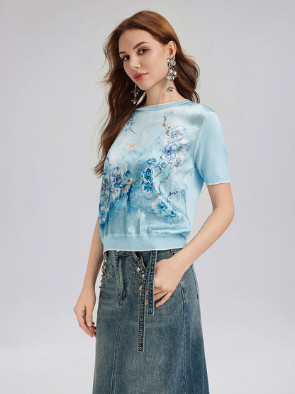 İpek Çiçekli Triko Bisiklet Yaka Tişört