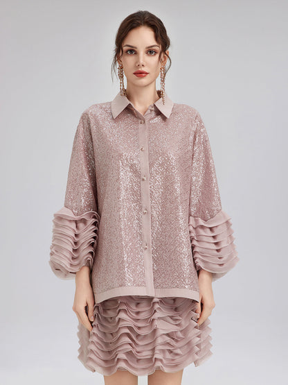 Lüks Fırfırlı Pullu Pileli Gömlek