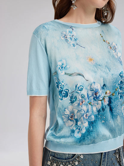 İpek Çiçekli Triko Bisiklet Yaka Tişört