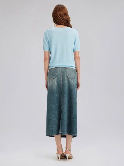 İpek Çiçekli Triko Bisiklet Yaka Tişört