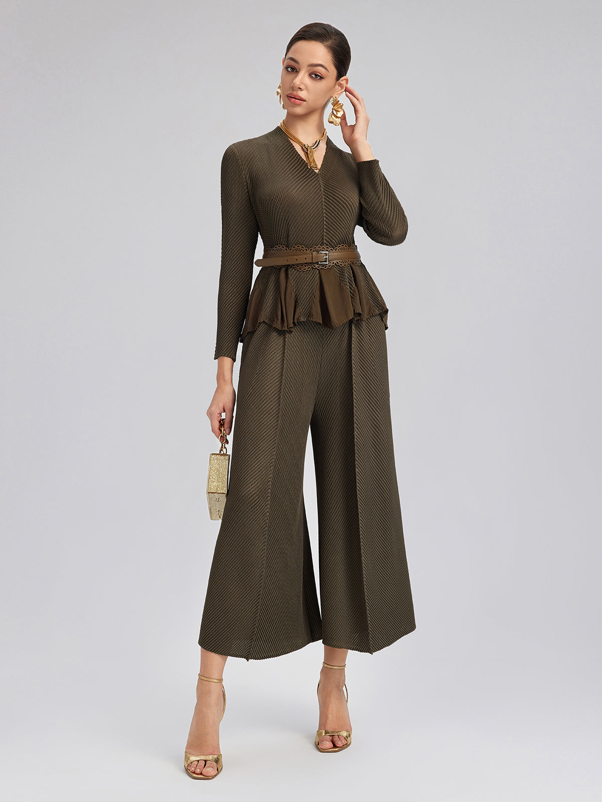 Pileli Dokulu Beli Lastikli Bol Pantolon