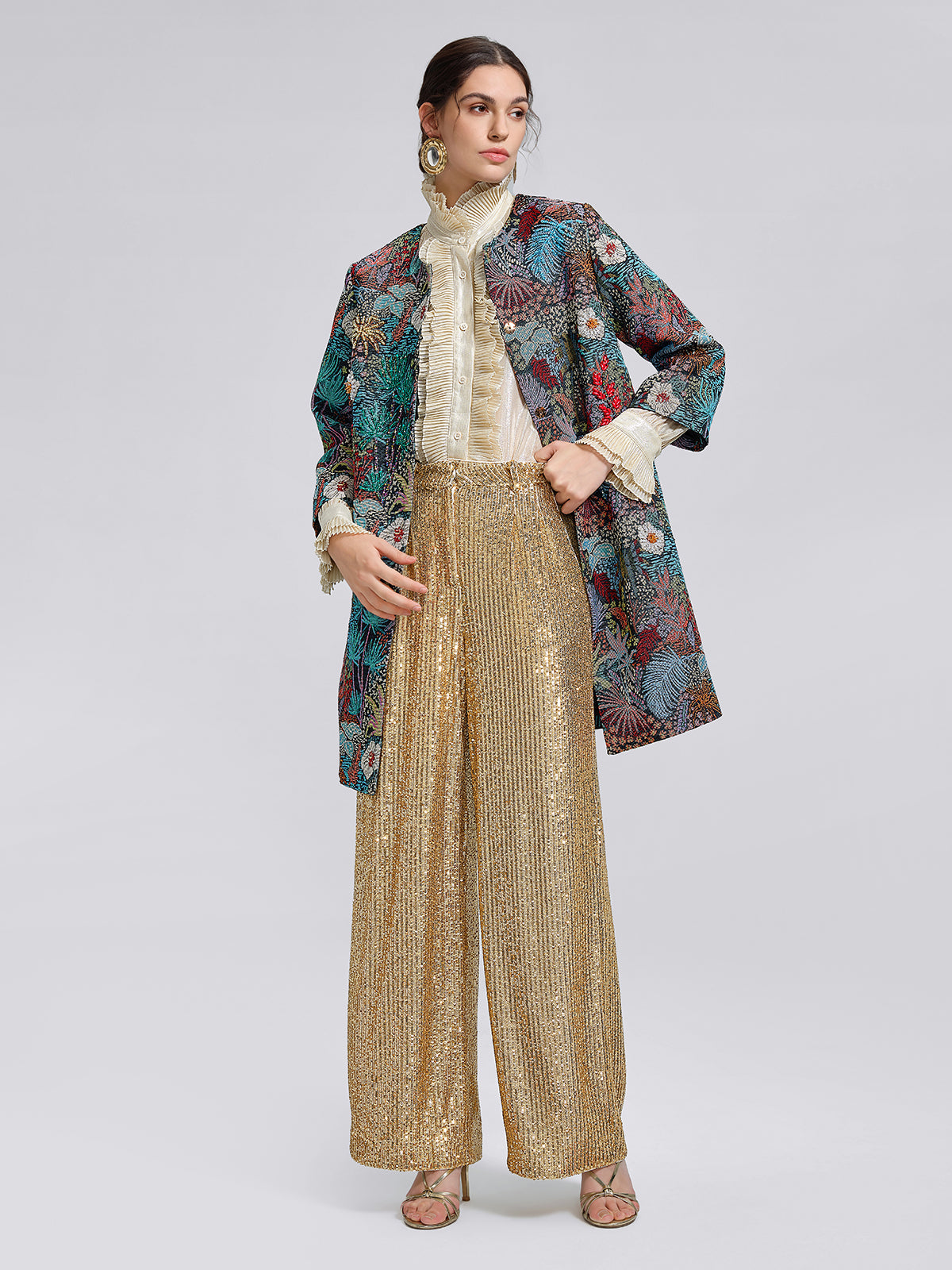 El Yapımı Çok Çiçekli Jakar Boncuklu Ceket