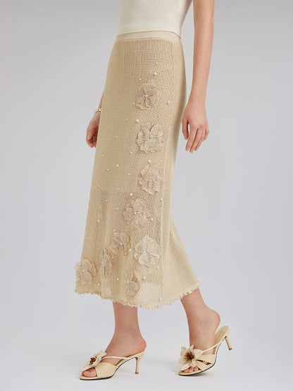 El Örgüsü Dantelli Boncuklu Triko Etek