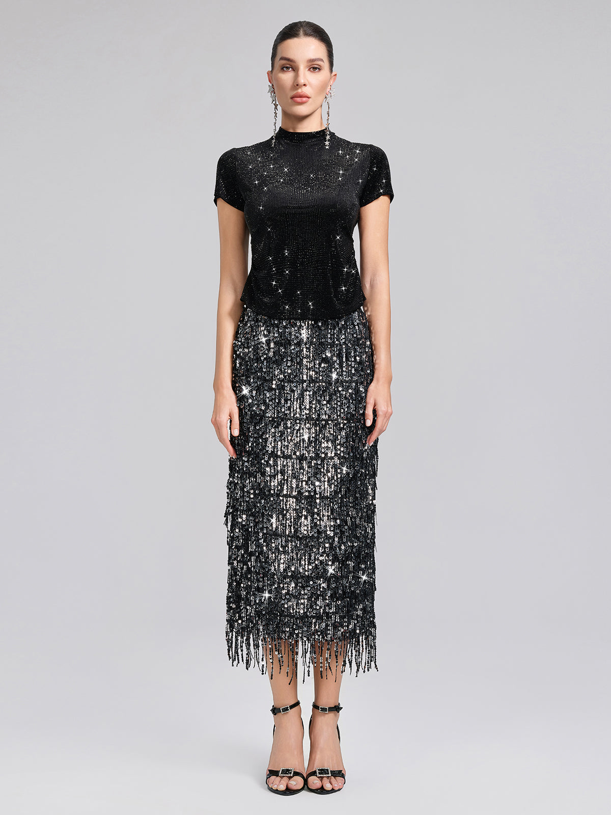 Taşlı Kadife Kısa Kollu Bluz