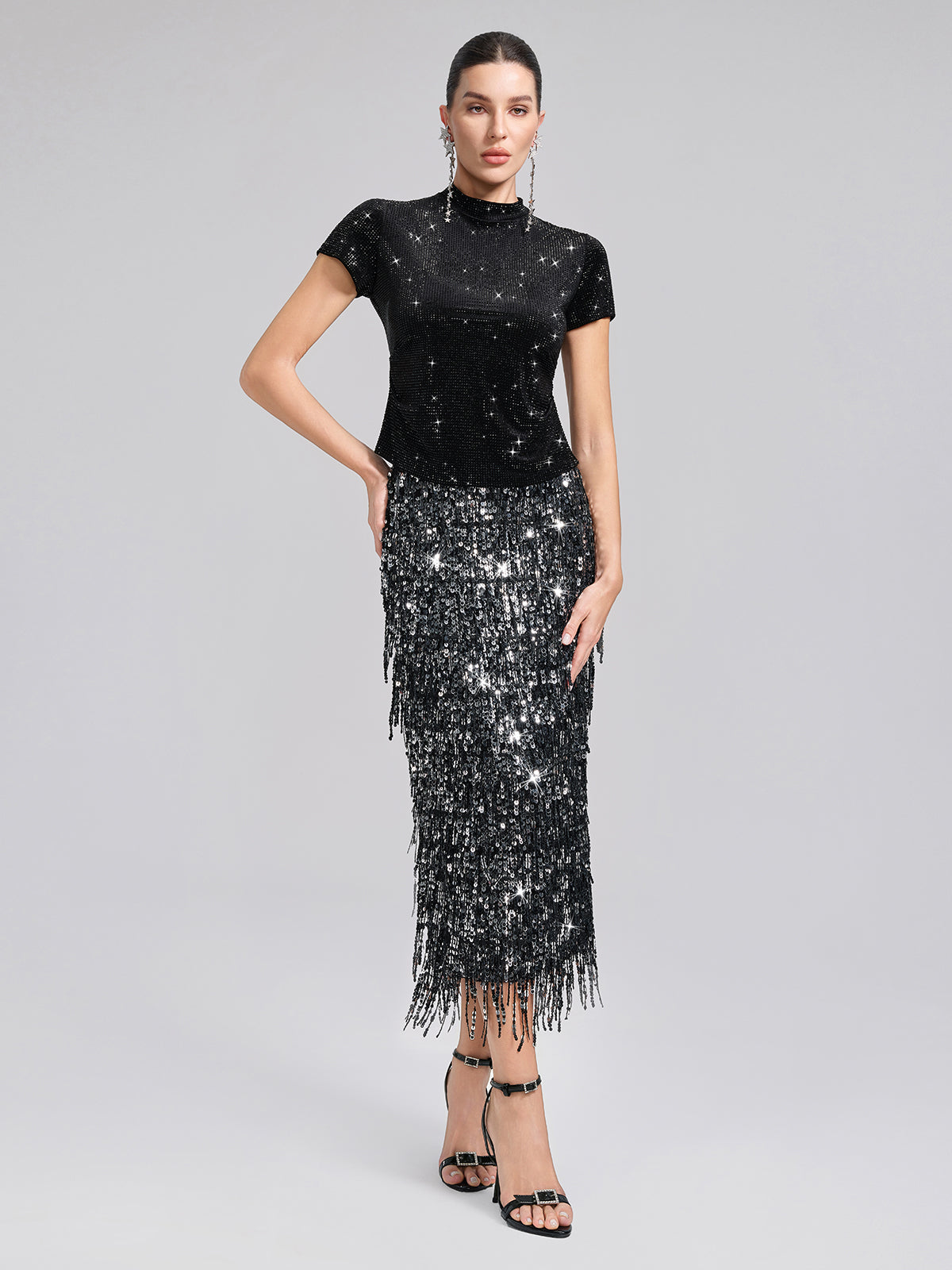 Taşlı Kadife Kısa Kollu Bluz