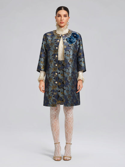 El İşlemesi Taşlı Çiçekli Jakar Ceket