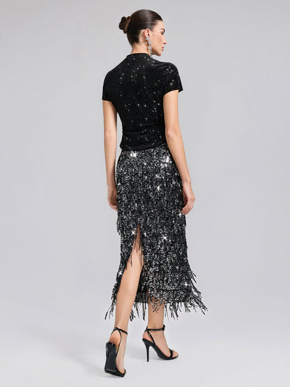 Taşlı Kadife Kısa Kollu Bluz