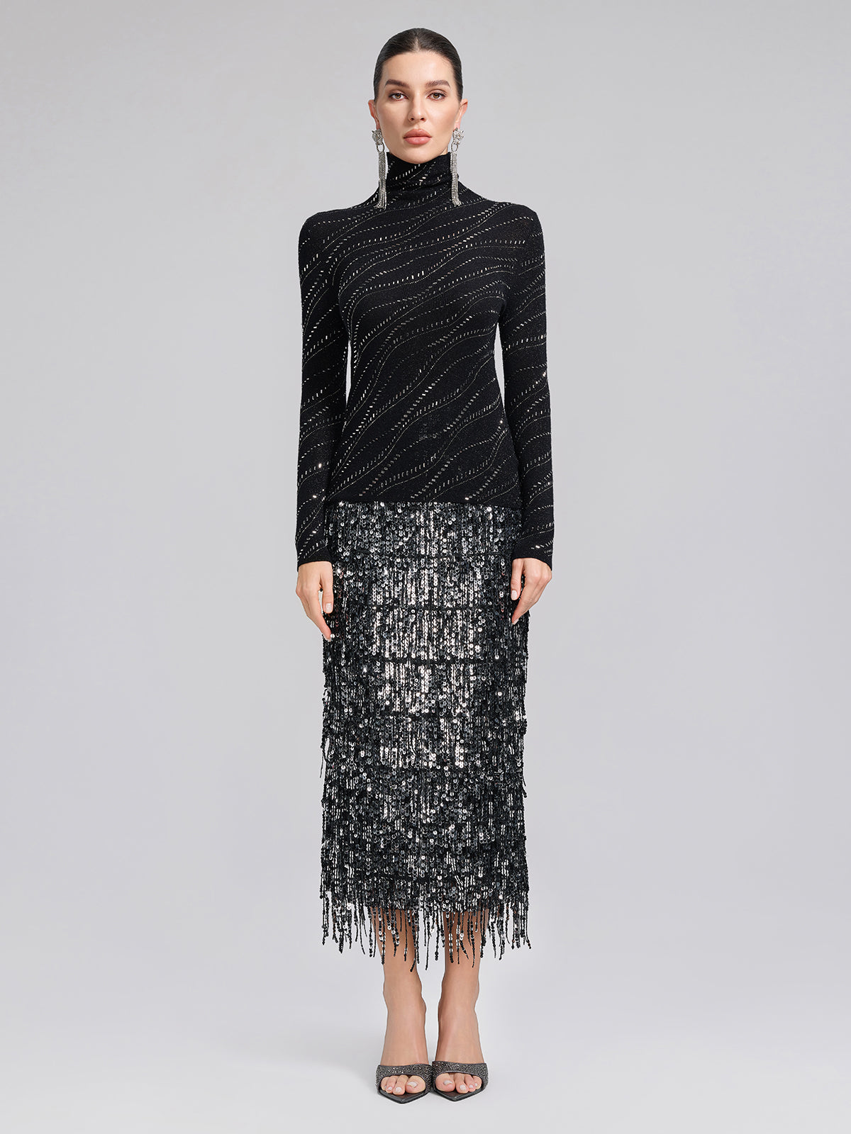 Taşlı Esnek Yün Boğazlı Bluz