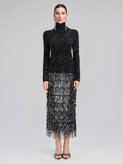 Taşlı Esnek Yün Boğazlı Bluz