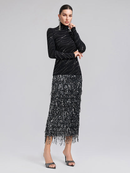 Taşlı Esnek Yün Boğazlı Bluz