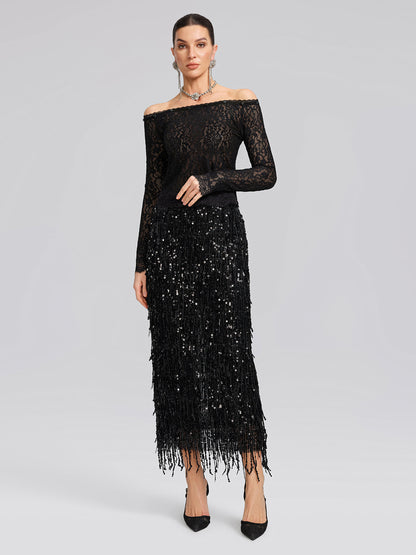 Omzu Açık Tüylü Pullu Dantel Bluz