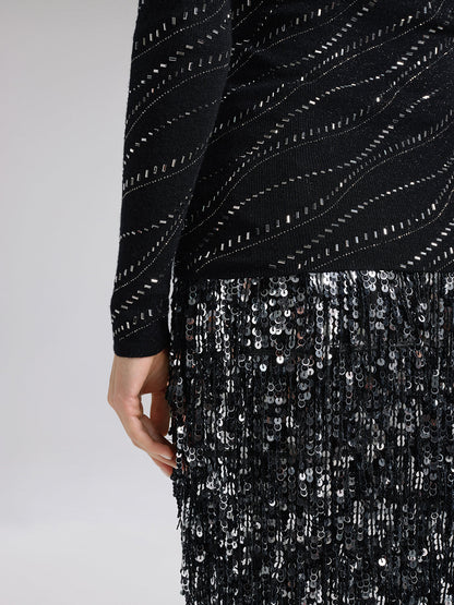 Taşlı Esnek Yün Boğazlı Bluz