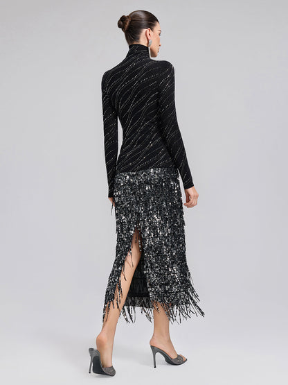 Taşlı Esnek Yün Boğazlı Bluz