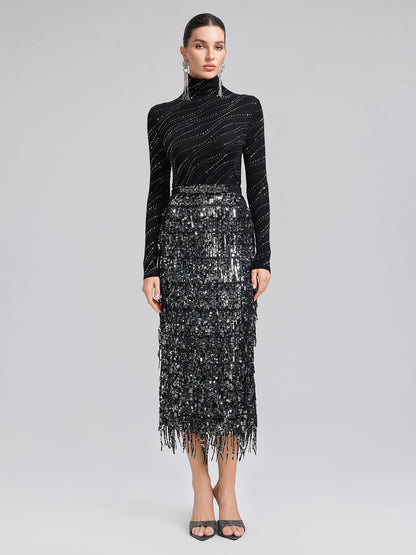 Taşlı Esnek Yün Boğazlı Bluz