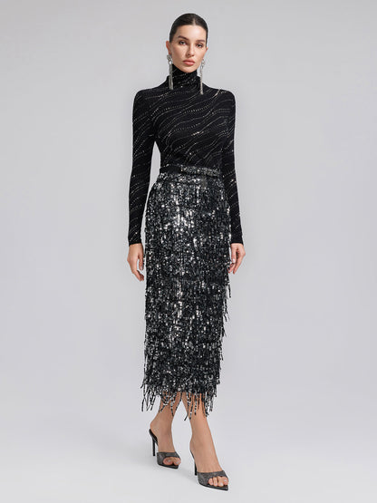 Püsküllü Pullu Midi Etek