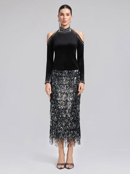 Kadife Omuz Dekolteli Boncuklu Taşlı Bluz