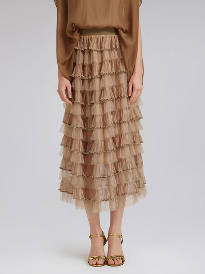 Boncuklu Katlı Tül Beli Lastikli Etek