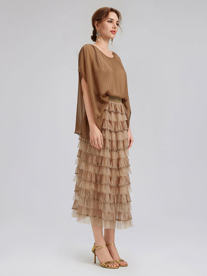 Boncuklu Katlı Tül Beli Lastikli Etek