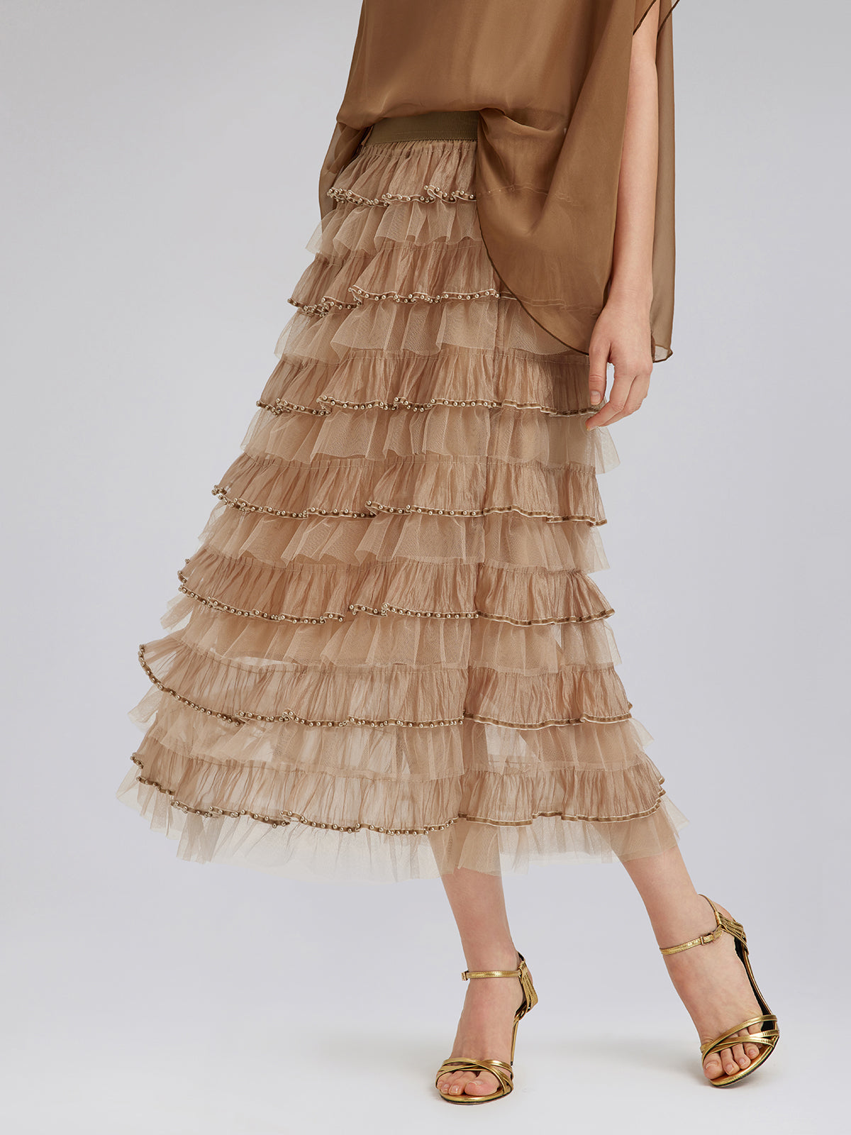 Boncuklu Katlı Tül Beli Lastikli Etek