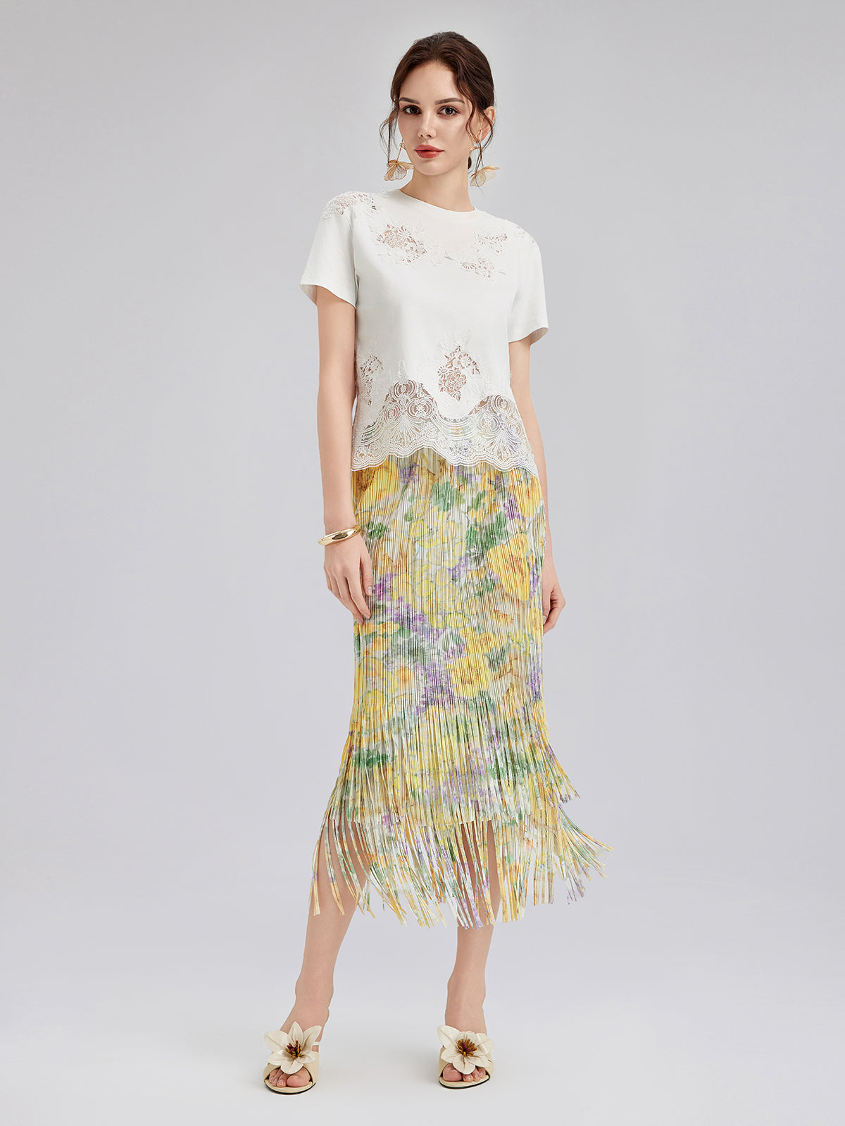 Şık Çiçekli Pileli Püsküllü Etek