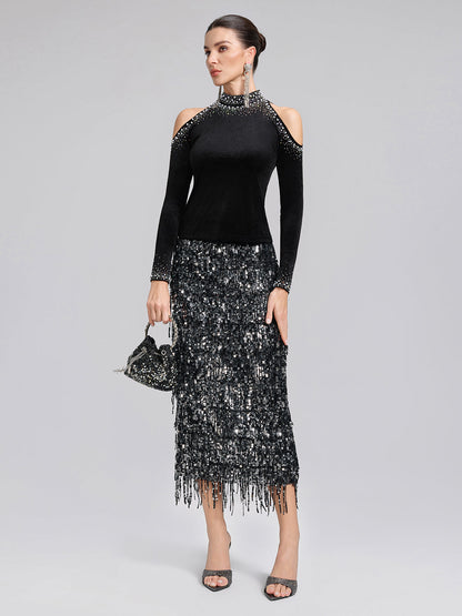 Kadife Omuz Dekolteli Boncuklu Taşlı Bluz