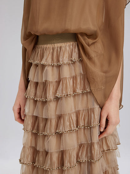 Boncuklu Katlı Tül Beli Lastikli Etek