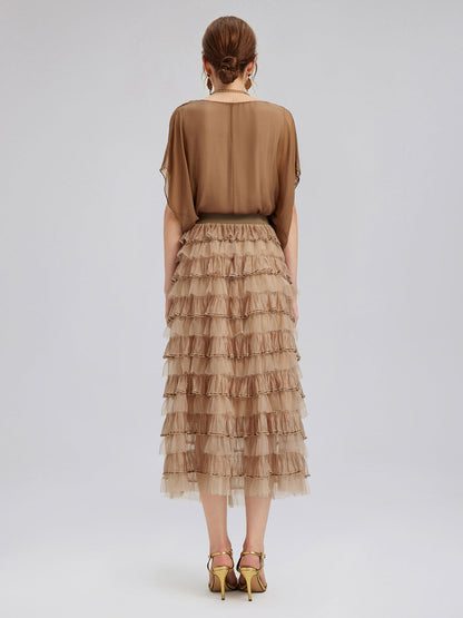 Boncuklu Katlı Tül Beli Lastikli Etek