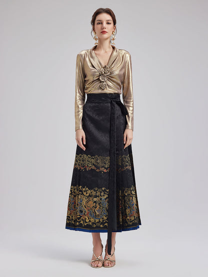 Şık Gül Pileli V Yaka Bluz