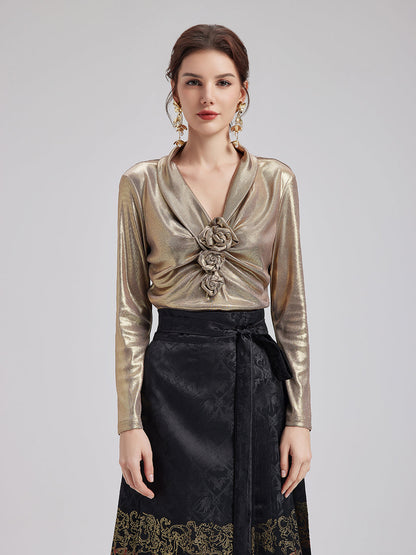 Şık Gül Pileli V Yaka Bluz