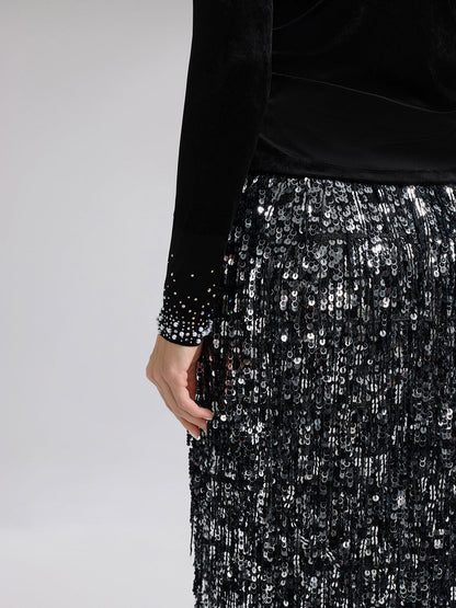 Kadife Omuz Dekolteli Boncuklu Taşlı Bluz