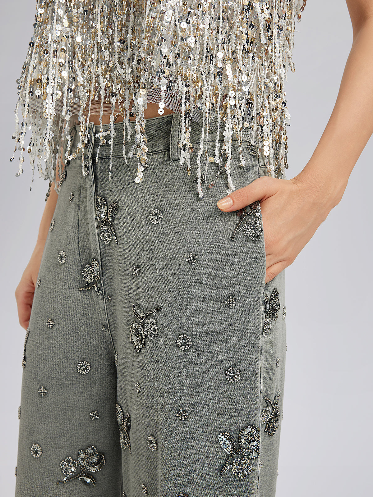 Parça Boyama Boncuklu Dantel Kenarlı Pantolon