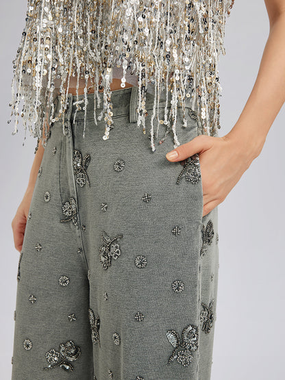 Parça Boyama Boncuklu Dantel Kenarlı Pantolon