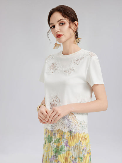 Moda Dantel Kenarlı Pamuklu Tişört