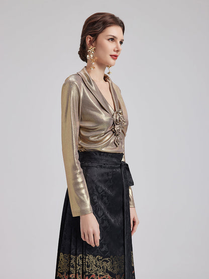 Şık Gül Pileli V Yaka Bluz