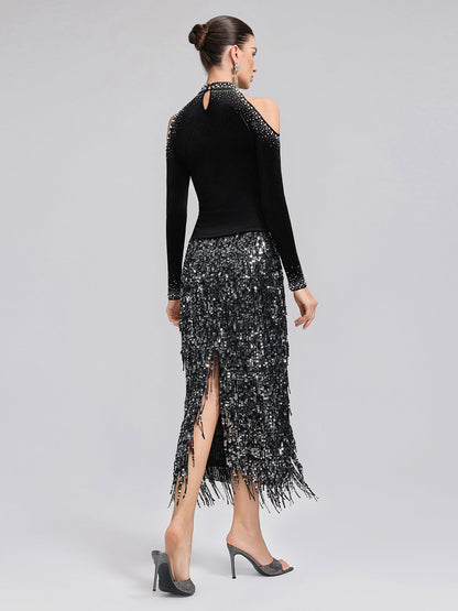 Kadife Omuz Dekolteli Boncuklu Taşlı Bluz