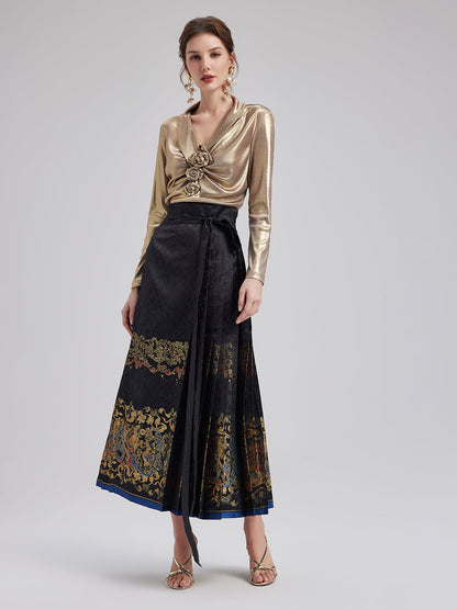 Şık Gül Pileli V Yaka Bluz