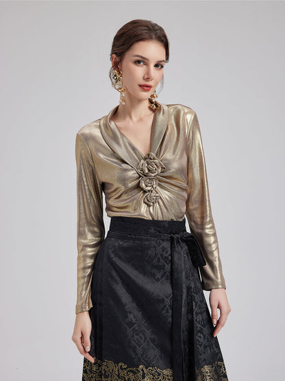 Şık Gül Pileli V Yaka Bluz