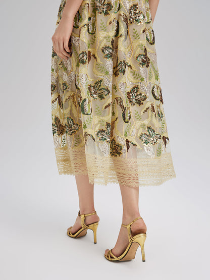 Pullu Dantelli Kloş Etek