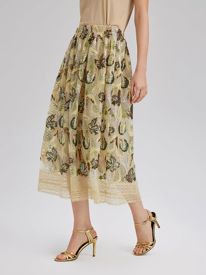 Pullu Dantelli Kloş Etek