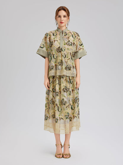 Pullu Dantelli Kloş Etek