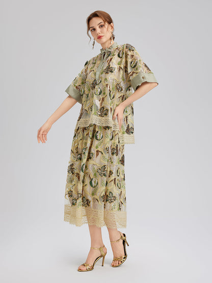 Pullu Dantelli Kloş Etek